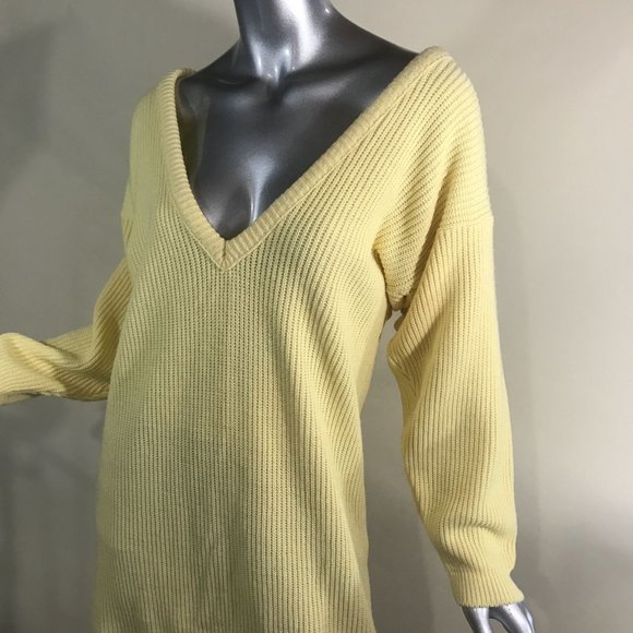 Vintage Women's Medium Large Yellow V Neck Sweater Dress - Picture 3 of 13